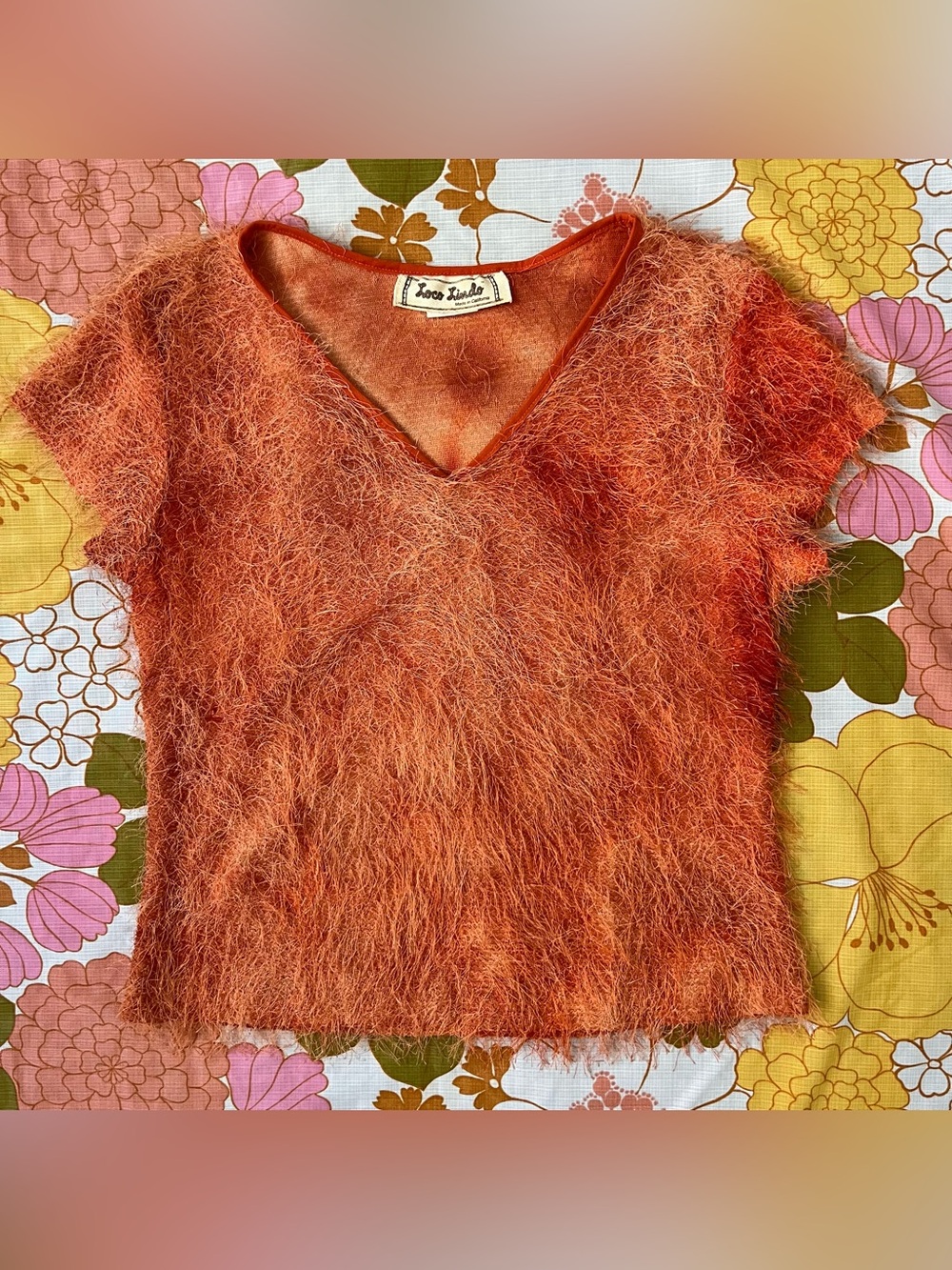 Vintage 90s Loco Lindo Californian Retro Cap Sleeve Fuzzy Orange Shirt